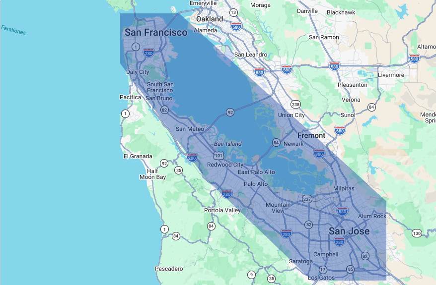 Service area map from San Francisco to San Jose